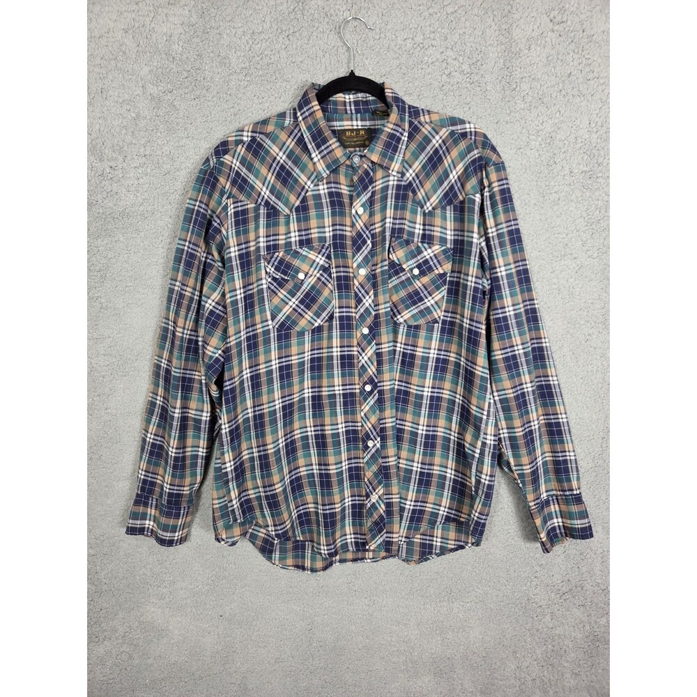 VTG BJ-R Western Shirt Mens XL Blue Tan Green Plaid Pearl Snap LS Cowboy Rodeo